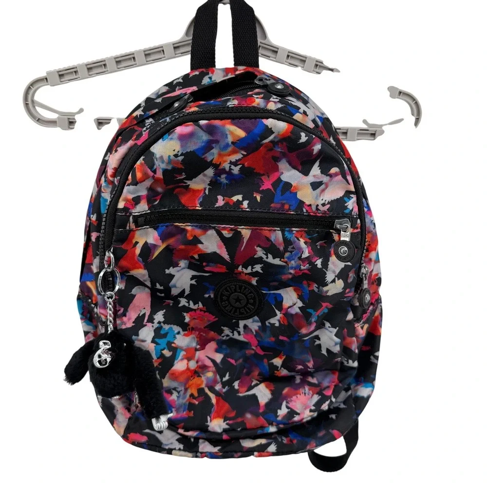 Kipling Seoul Small Backpack Black Multicolor Hummingbird Print‎ Monkey Keychain